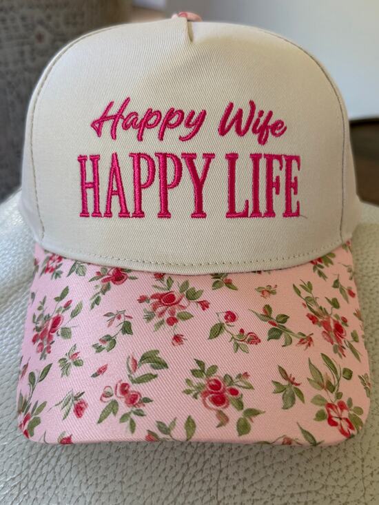Zenana Outfitters Accessories - Zenana “Happy Wife Happy Life ” Flower Print Trucker Hat Adjustable Snapback